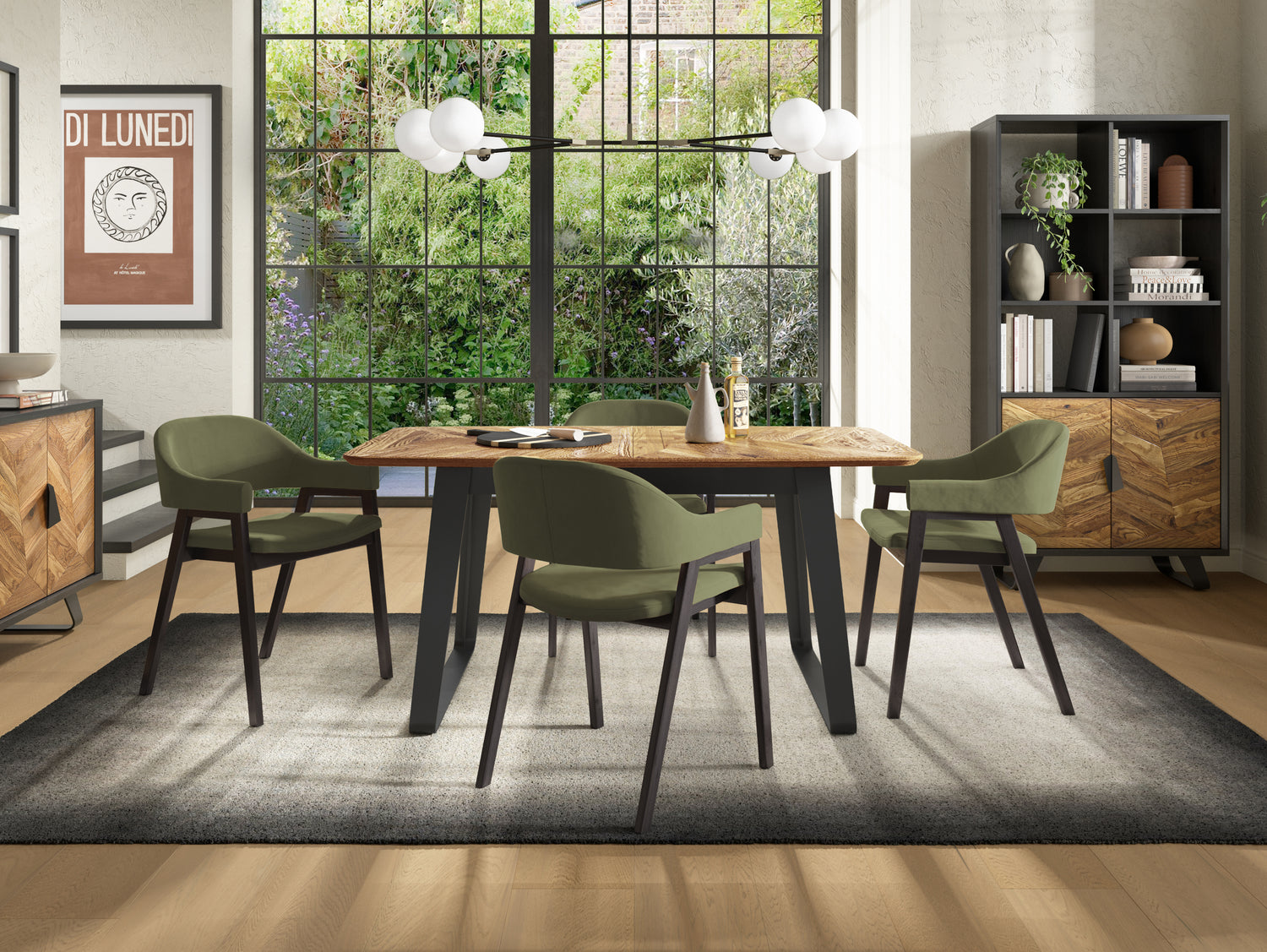Image of the Candice Velvet dining chairs with curved back, armrests, and dark legs styled with NCF's Dining Furniture.