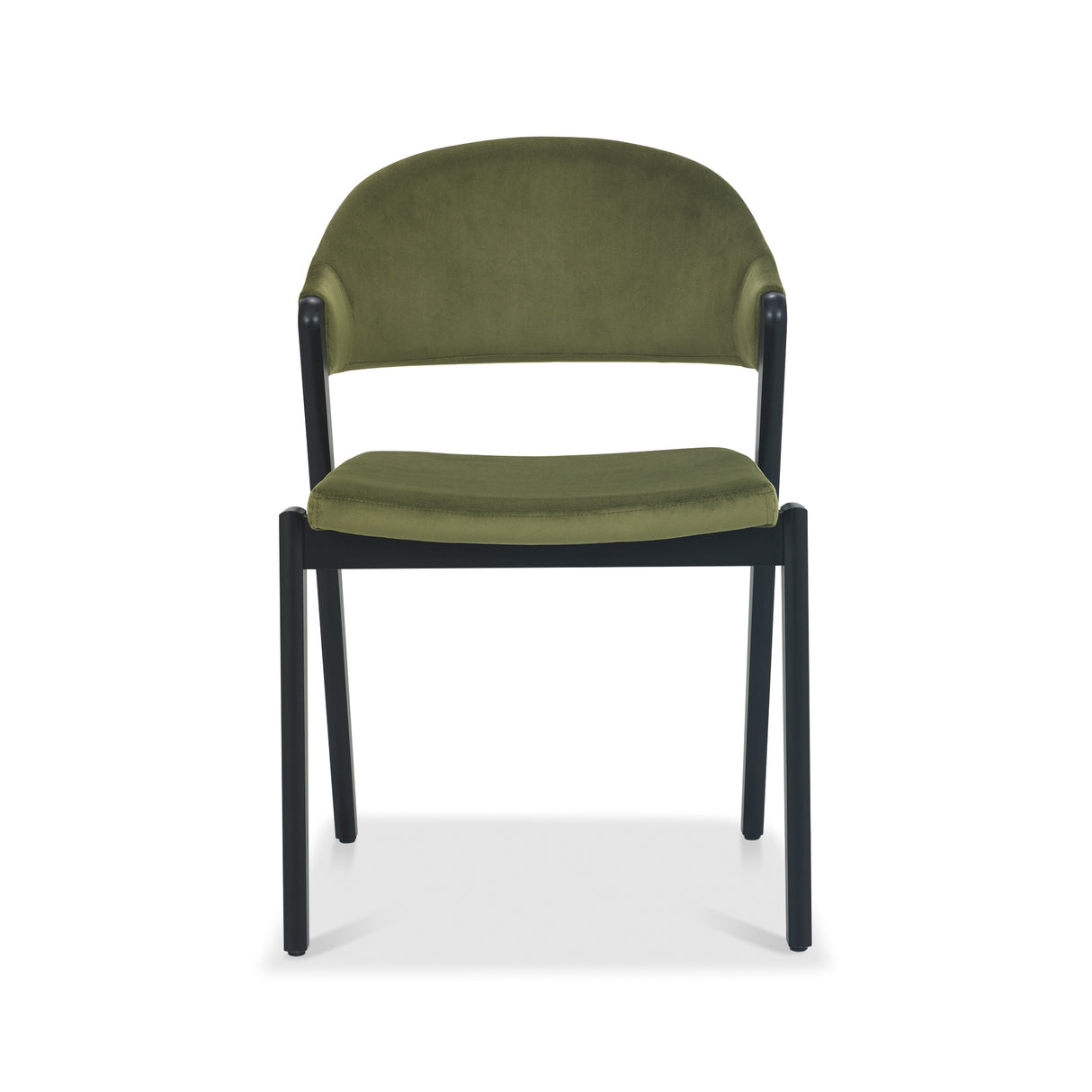 Front image of the Candice Velvet dining chairs with a curved back and dark oiled legs