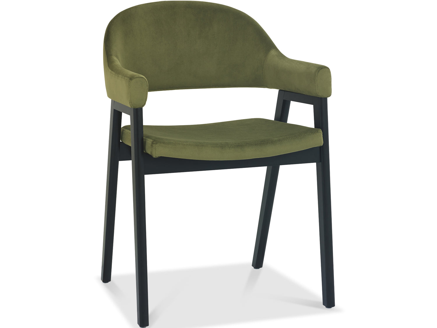 Angled and front image of the Candice Velvet dining chairs with curved back, armrests, and dark legs.