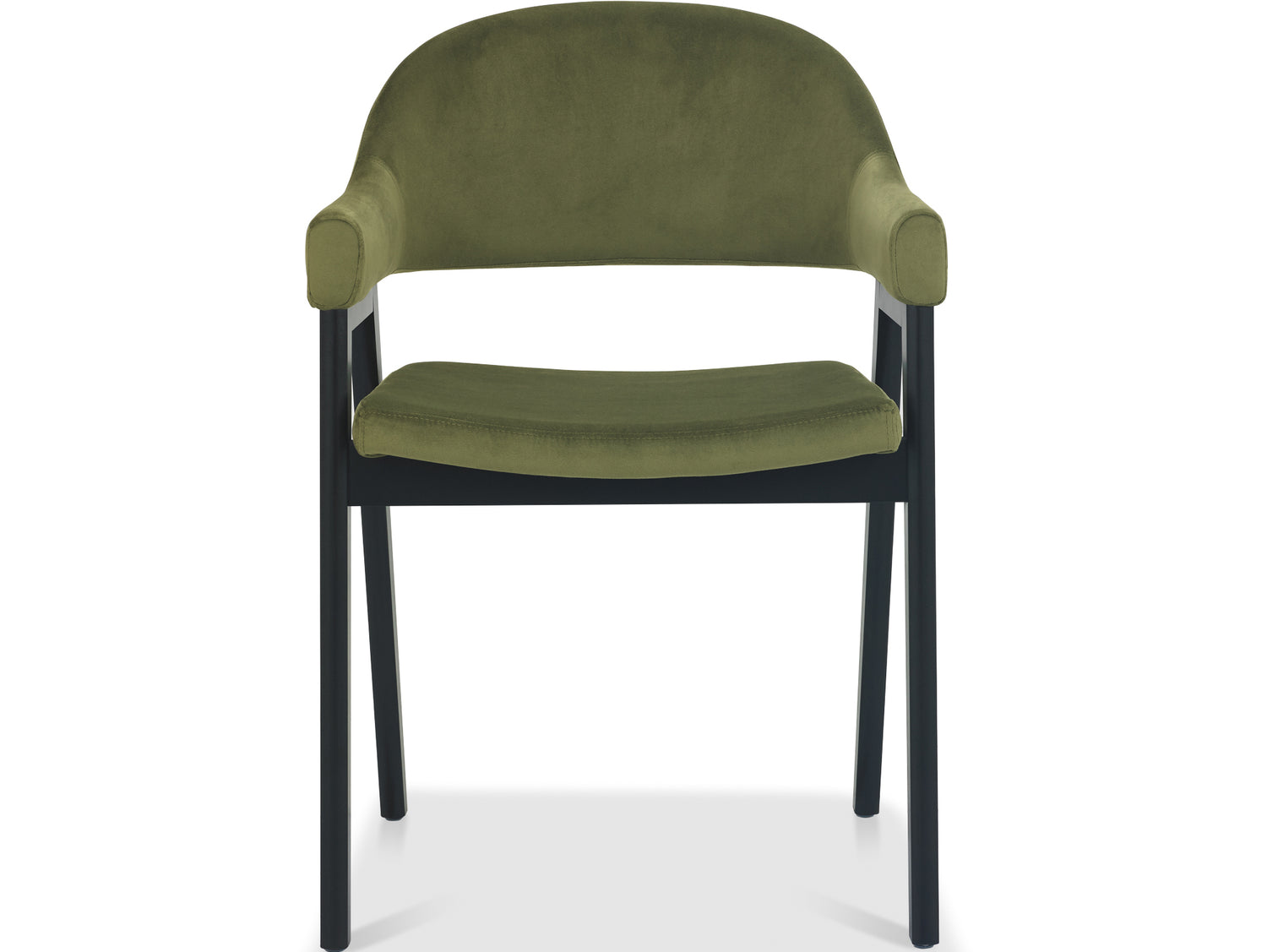 Front image of the Candice Velvet dining chairs with curved back, armrests, and dark legs.