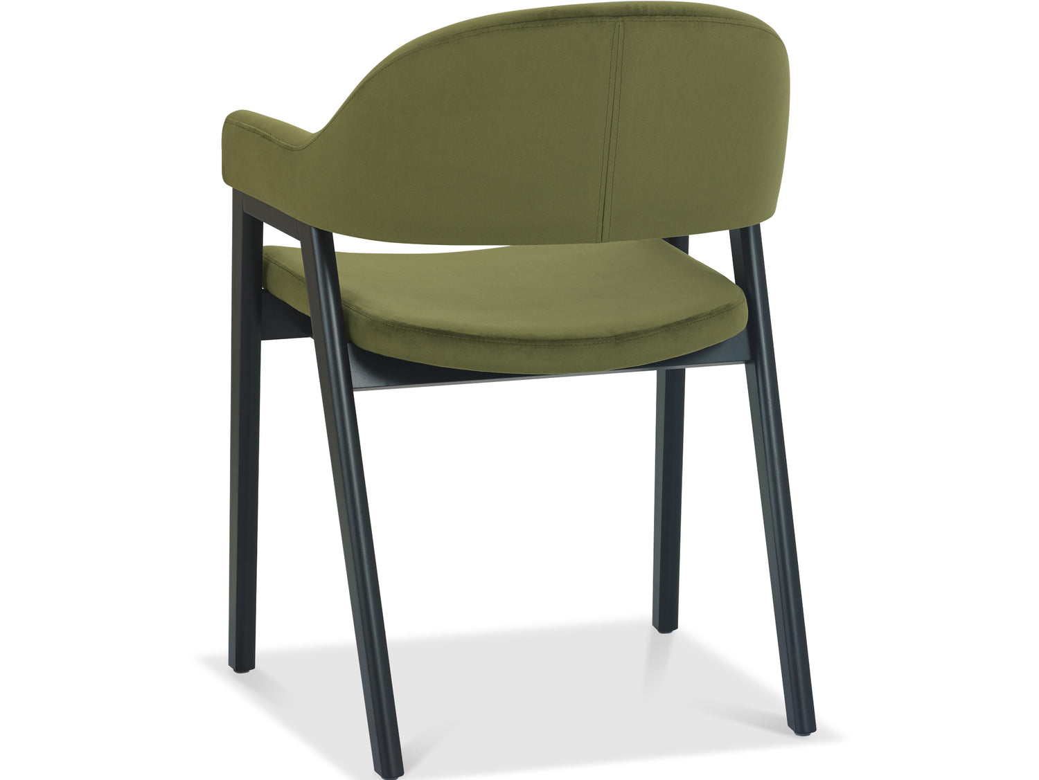 Angled and back image of the Candice Velvet dining chairs with curved back, armrests, and dark legs.
