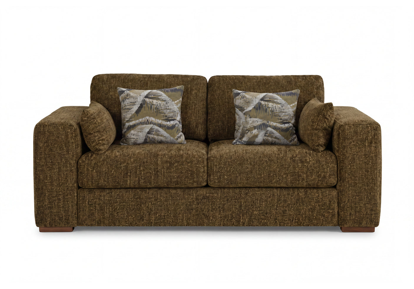 An olive green fabric 2 seater sofa with two patterned accent pillows and armrest pillows, shown on a plain white background.