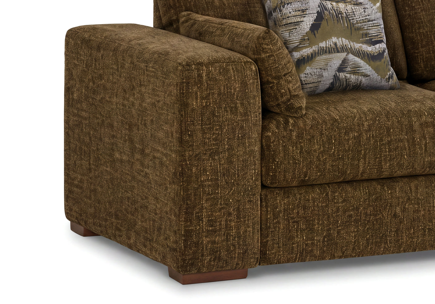 Close-up of an olive green textured fabric sofa with a patterned accent pillow on a white background.