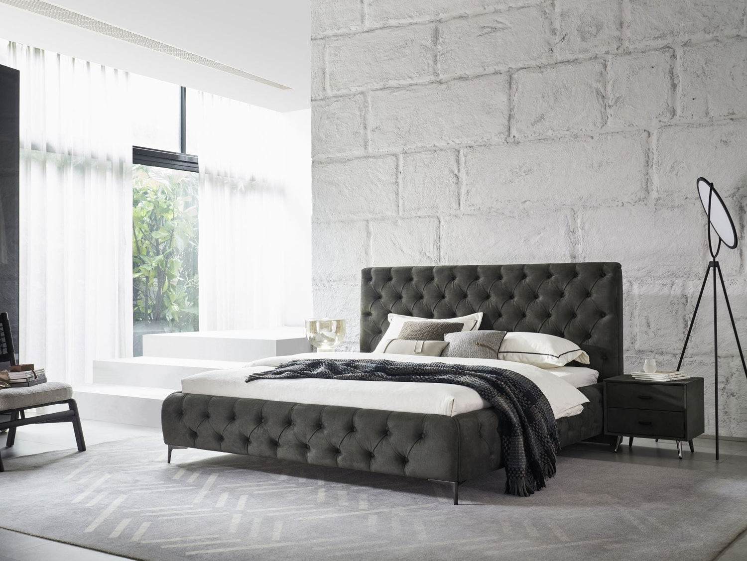 Royal bedframe in Green angled view in a room setting from the right with bedside unit