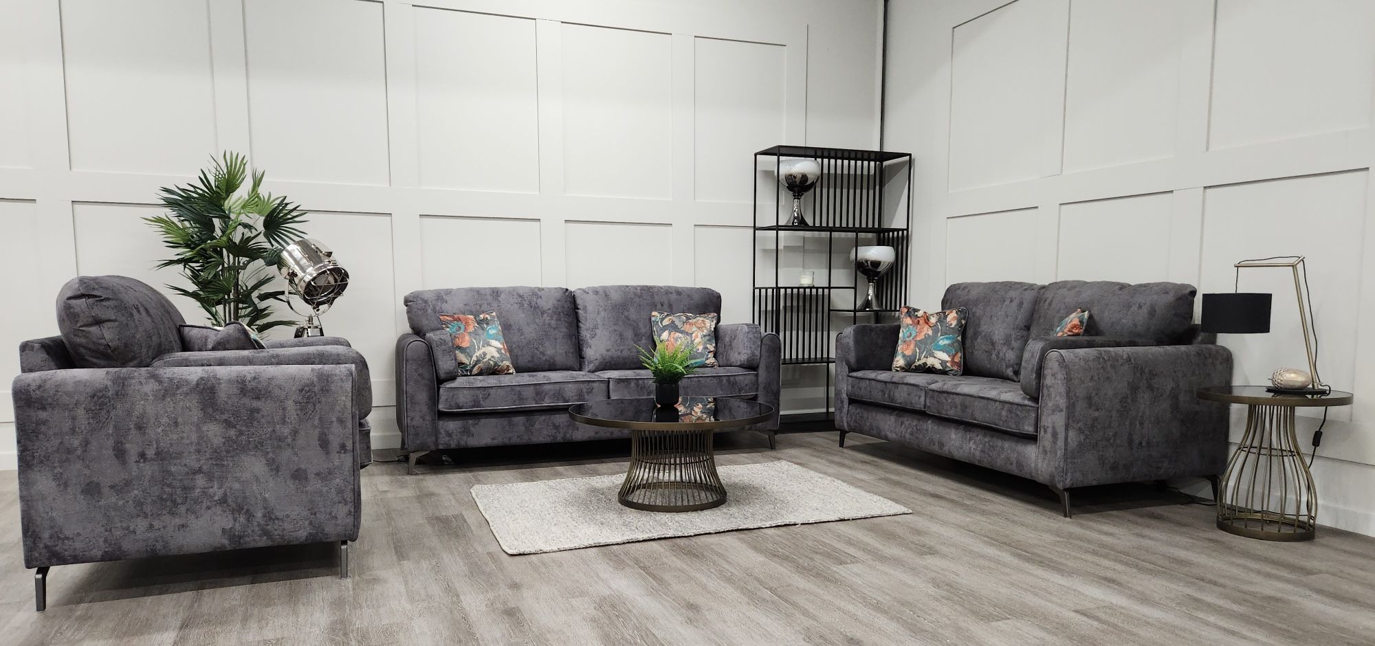 Grey sofa set up of Oasis 3 seater 2 seater love chair and table