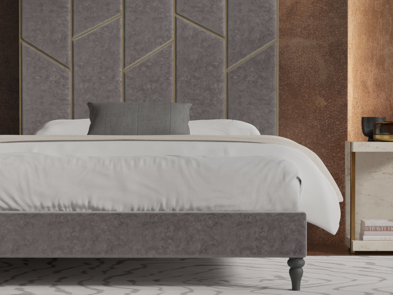 Close up of the Marcella Bed Frame in a room