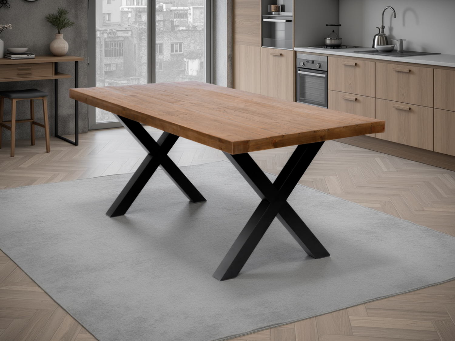Wooden dining table with black metal legs in a modern kitchen setting