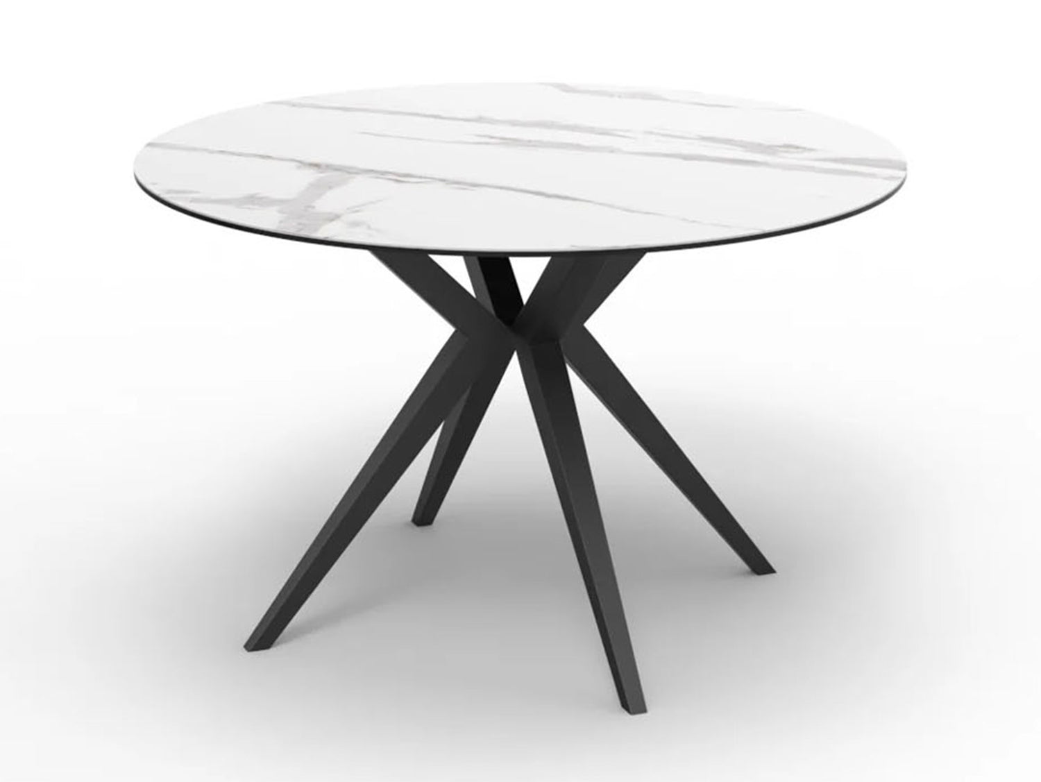 Modern round table with Ceramic top and black metal legs on a white background