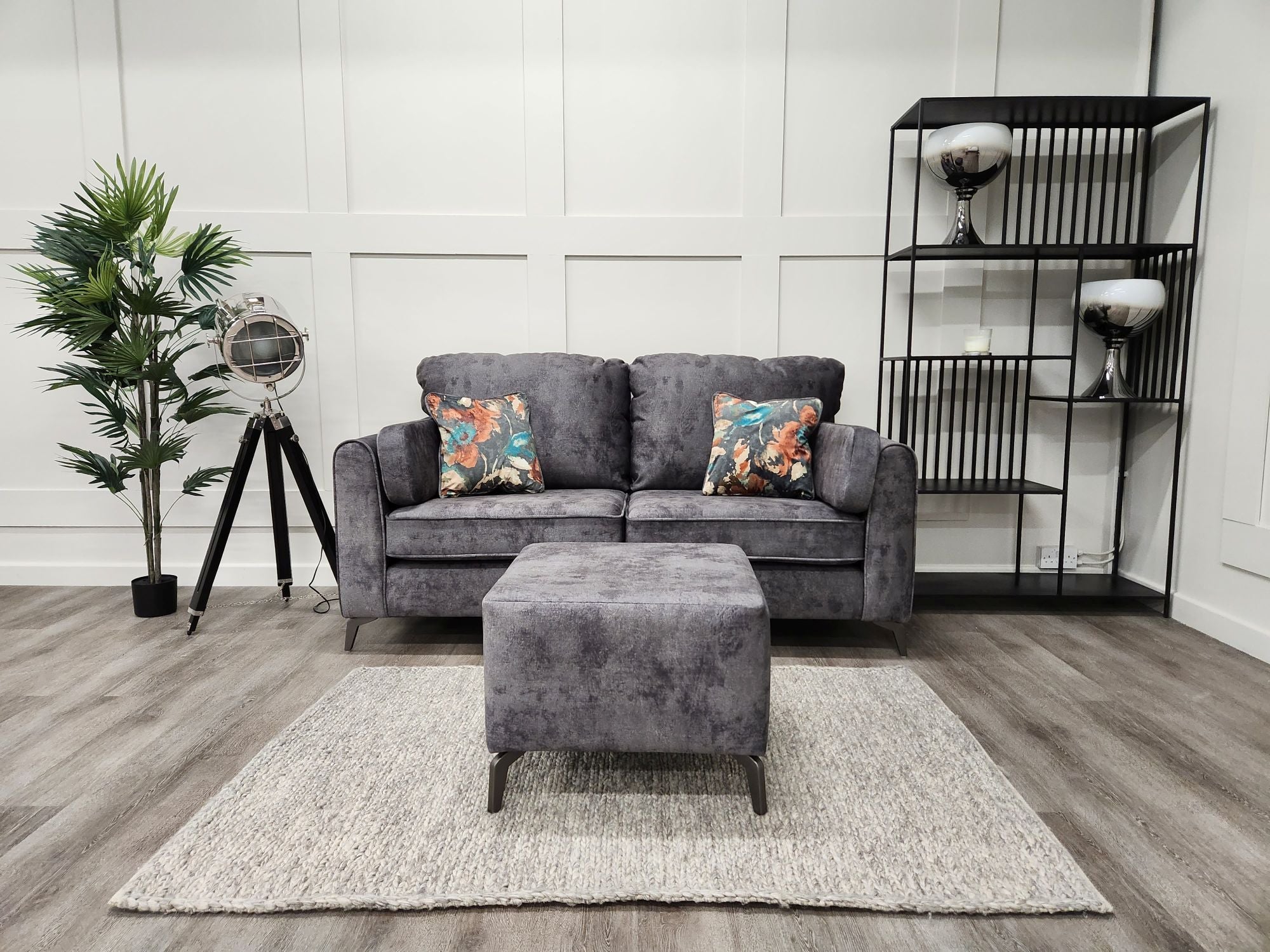 Grey fabric Oasis 2 seater and footstool