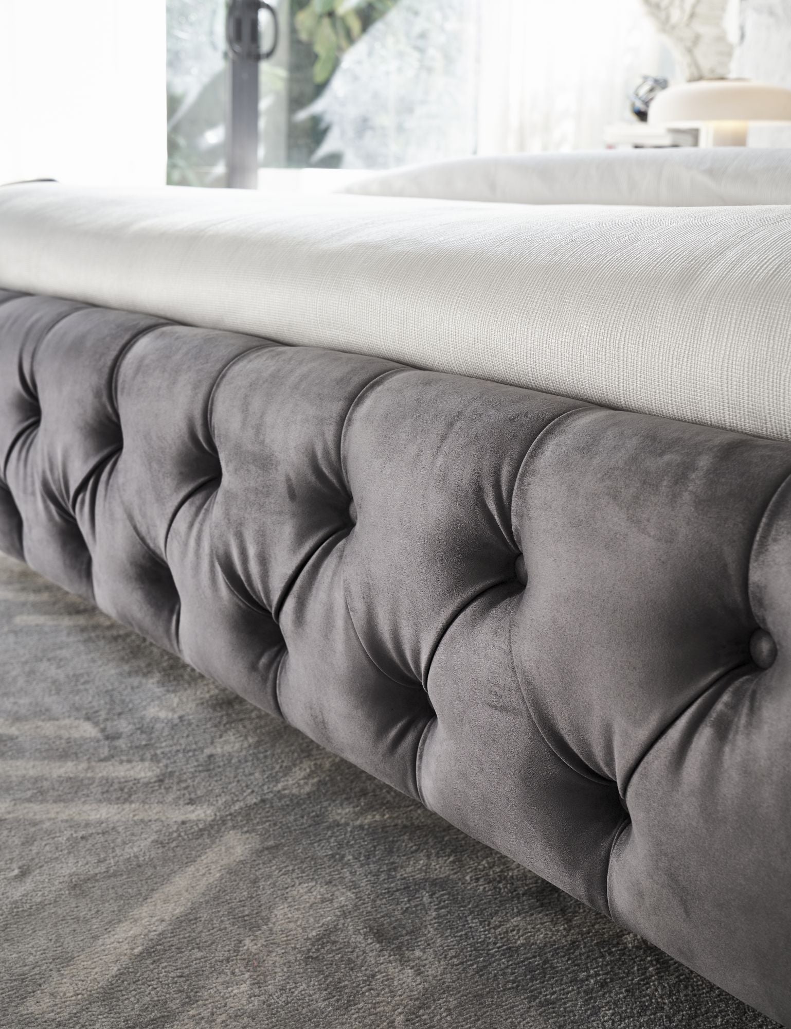 Royal bedframe foot board close up in Grey