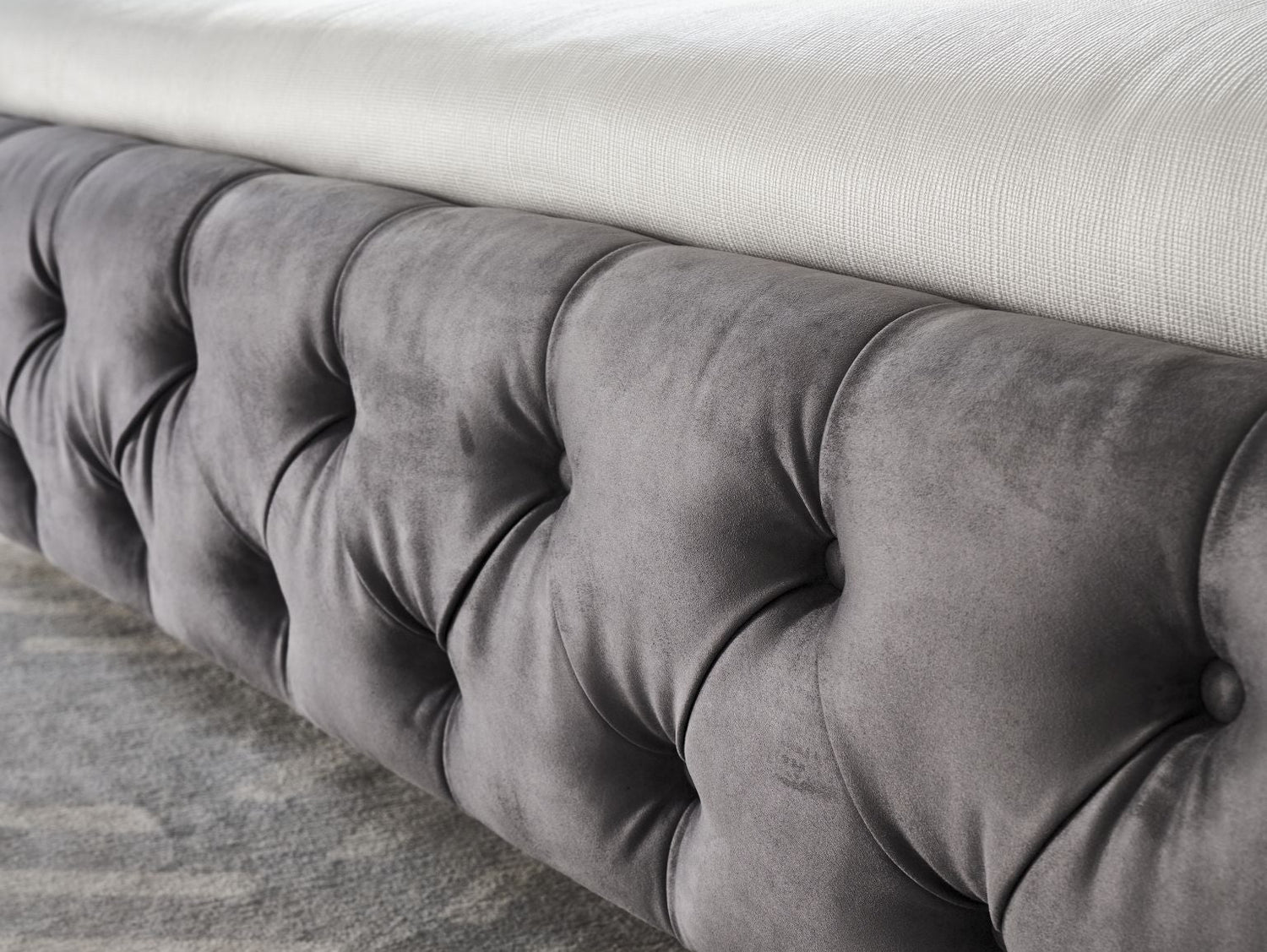 Royal bedframe foot board close up in Grey