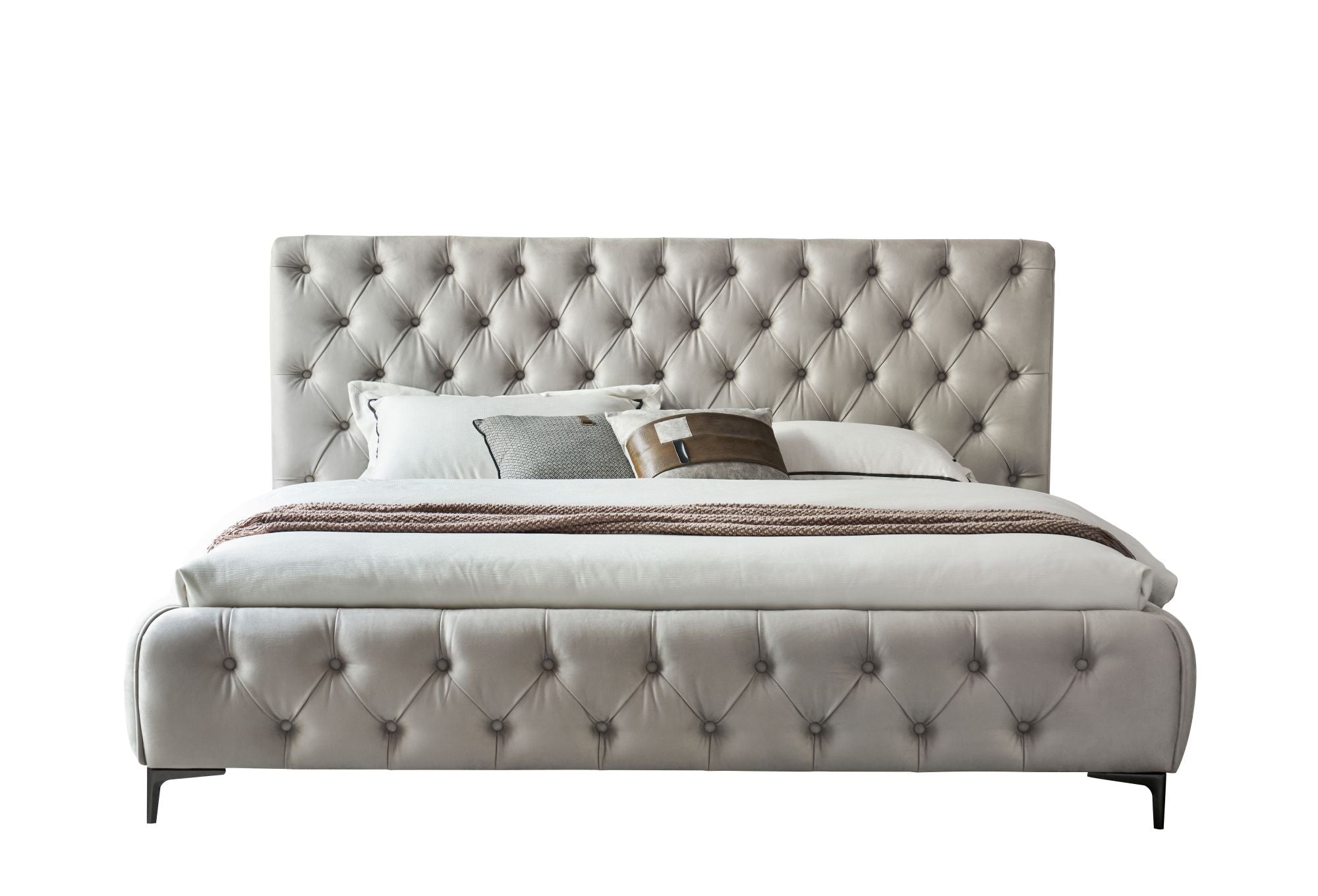 Royal bedframe in Beige nubuk straight on view from the foot end with white background