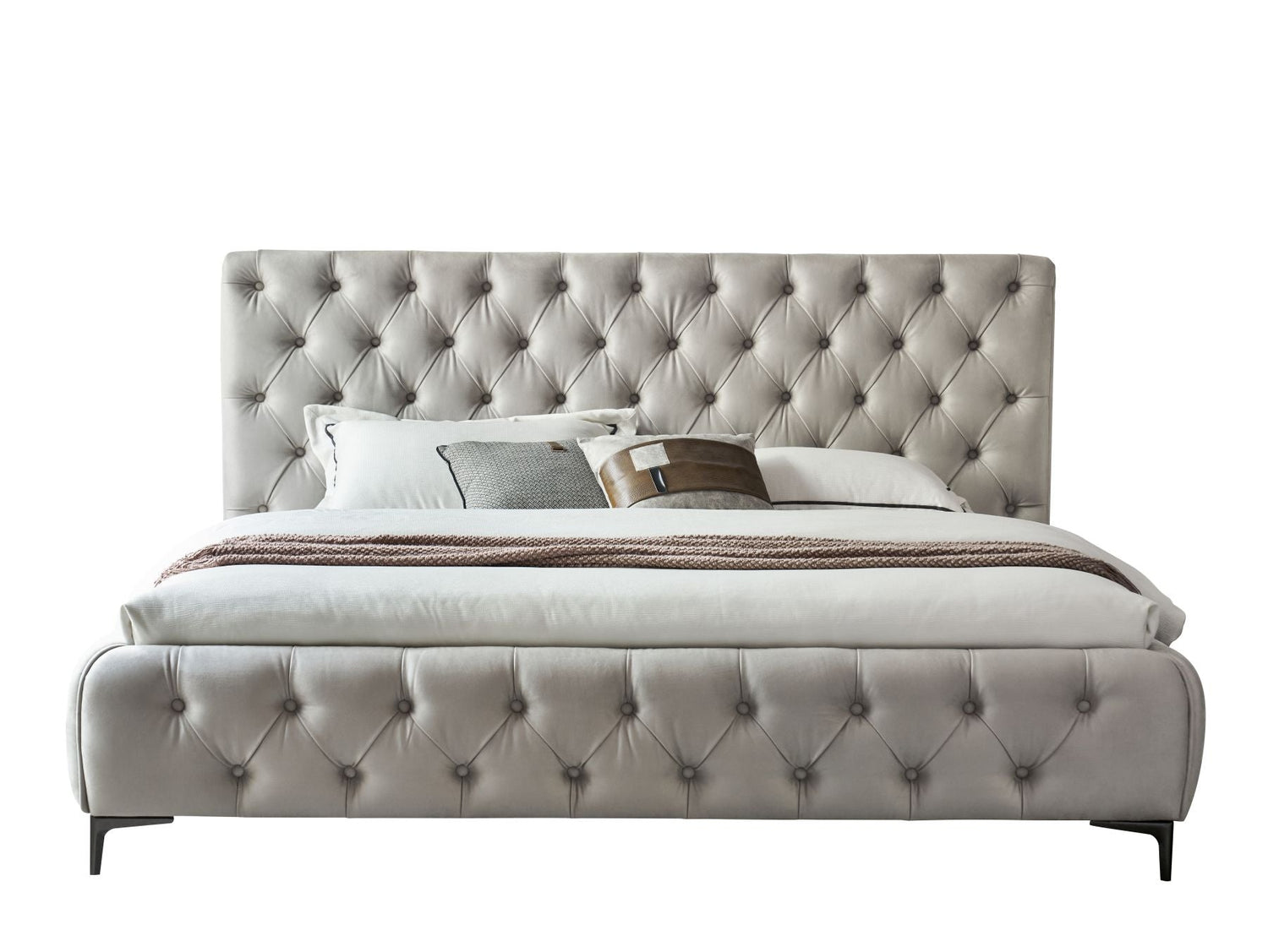 Royal bedframe in Beige nubuk straight on view from the foot end with white background