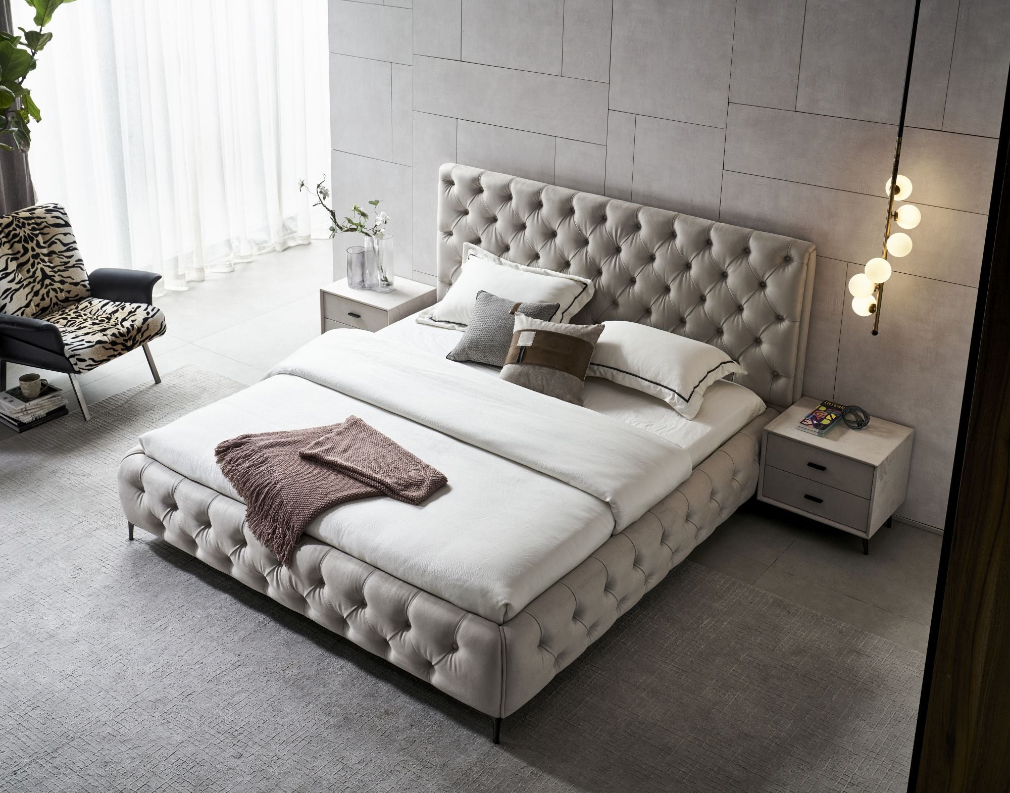 Royal bedframe in Beige - aerial view from slight right angle in room setting