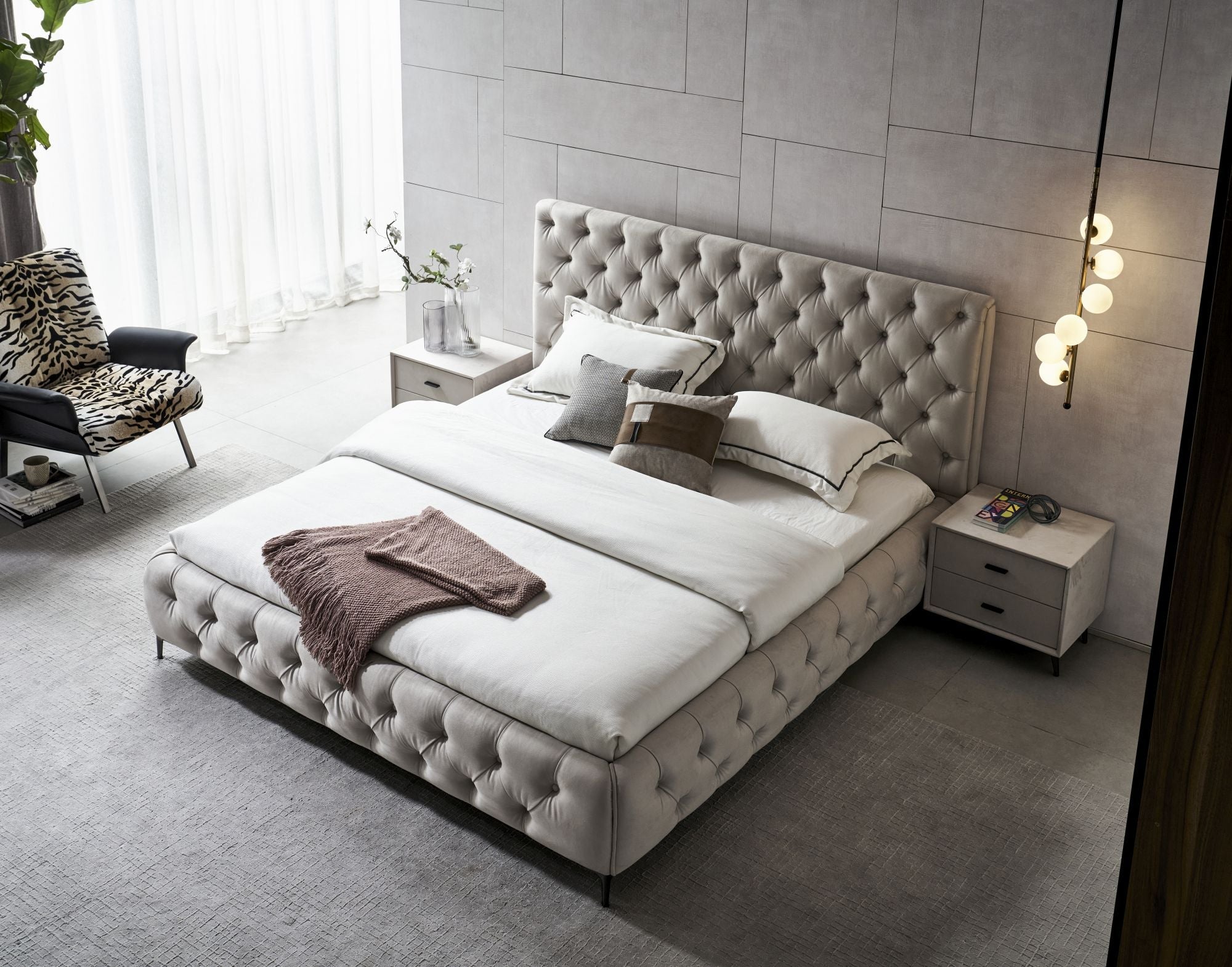 Royal bedframe in Beige - aerial view from slight right angle in room setting