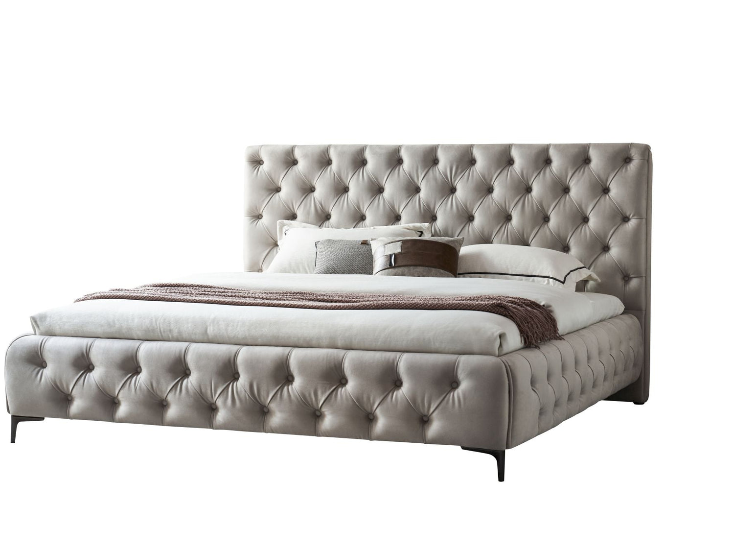 Royal bedframe Beige Nubuk. Angled view on white background