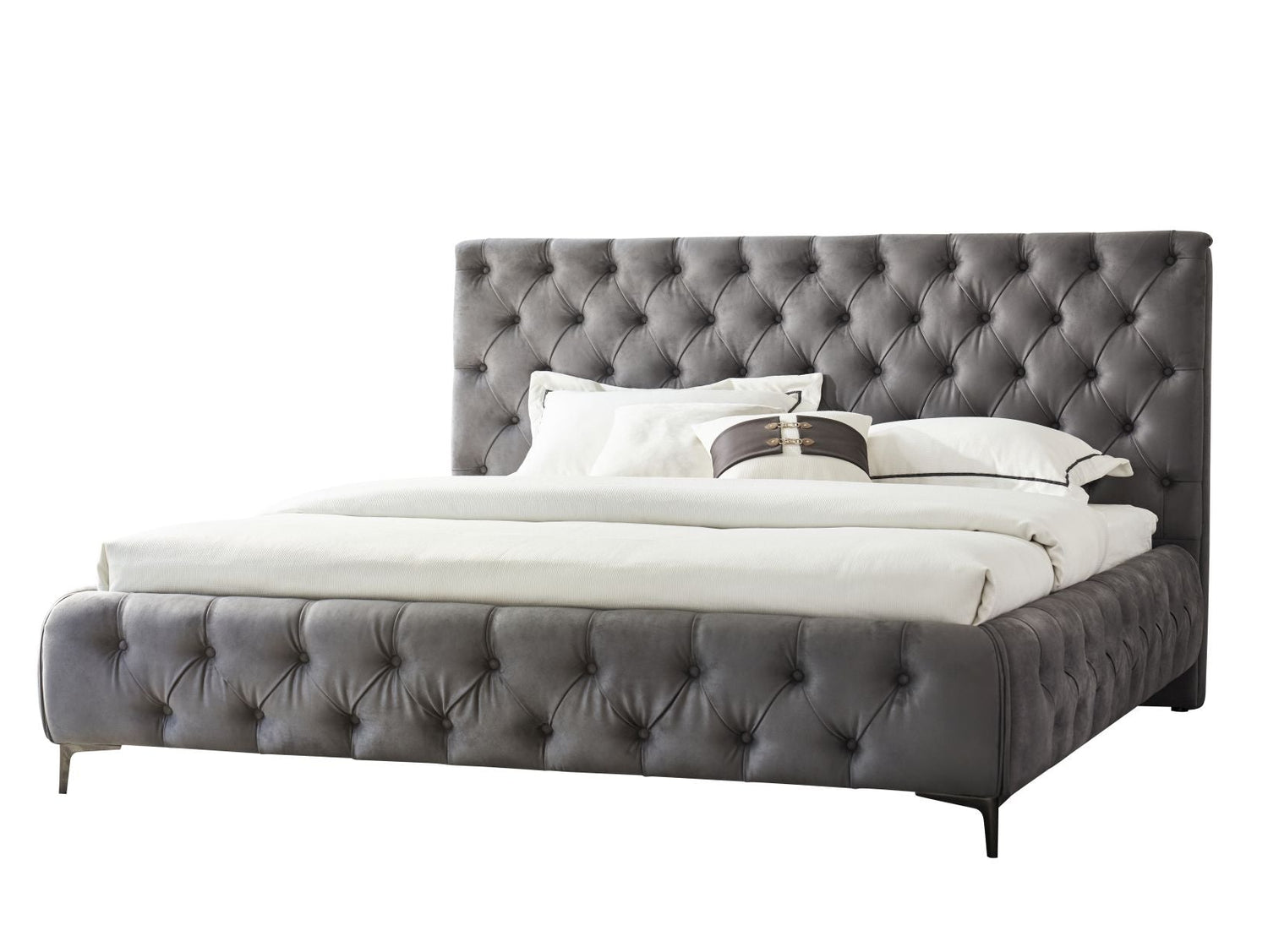 Royal bedframe angled view in Grey on white back ground