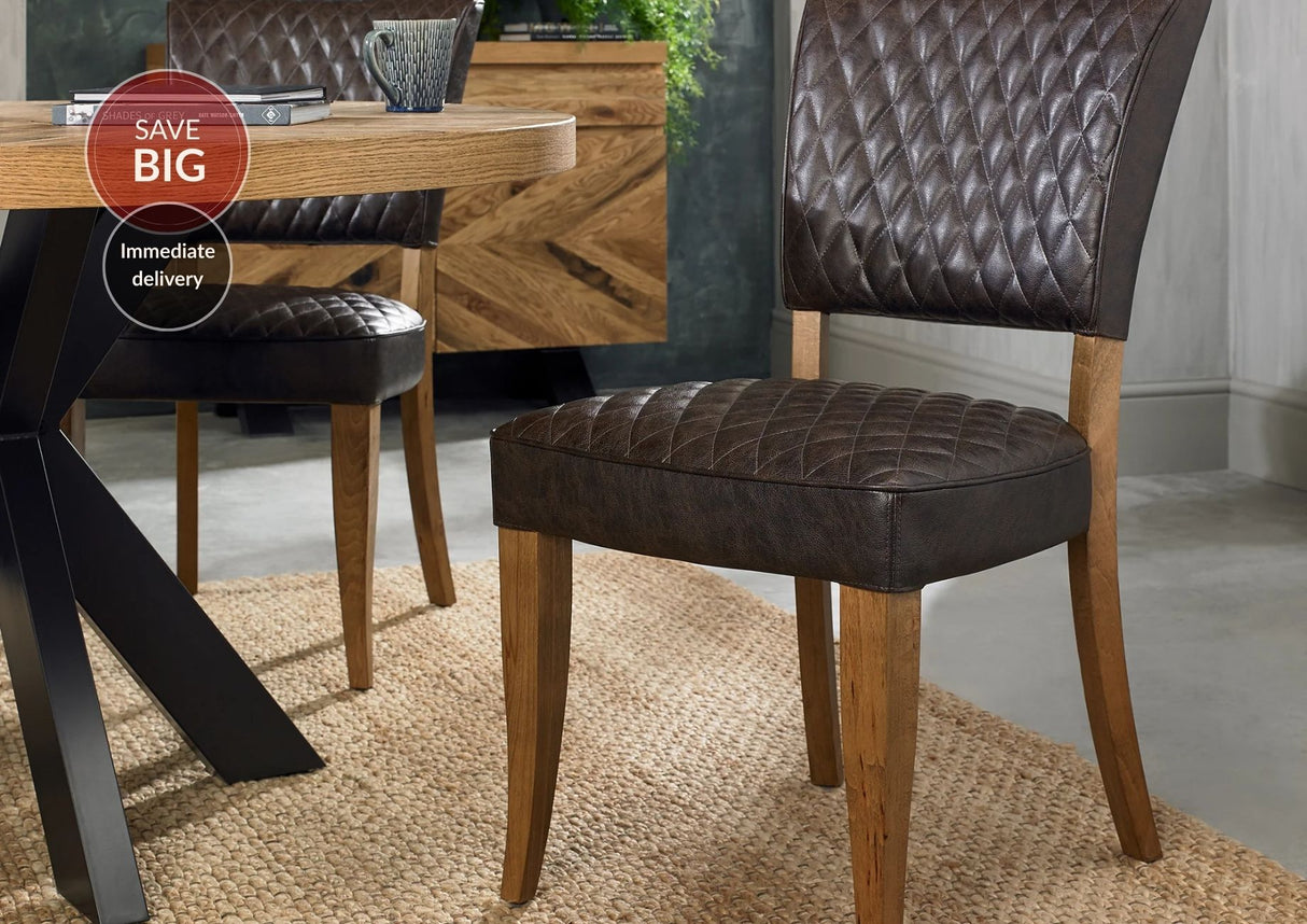 Landon Rustic Oak Dining Chairs Saddle Faux Leather