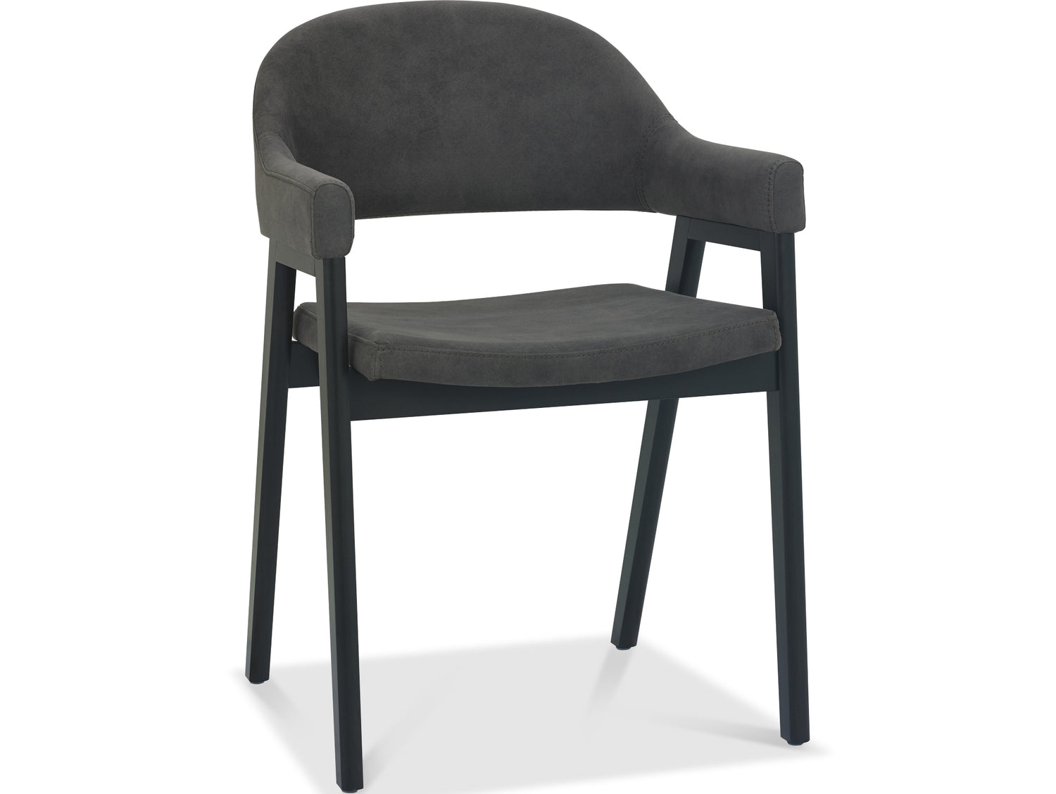 Front and angled view of the Candice Dark Grey Fabric Dining Chairs with Armrests and Oak Frame.
