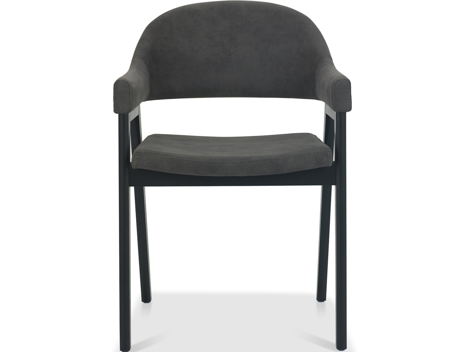 Front view of the Candice Dark Grey Fabric Dining Chairs with Armrests and Oak Frame.