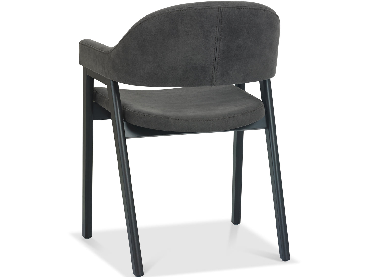 Angled and back view if the Candice Dark Grey Fabric Dining Chairs with Armrests and Oak Frame.
