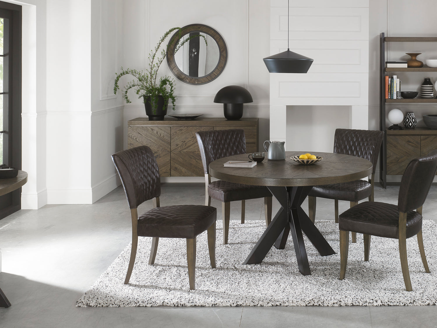 Image of the Landon Fumed Oak Dining Chairs Saddle Faux Leather with dark oak frame styled with NCF's Dining Furniture.