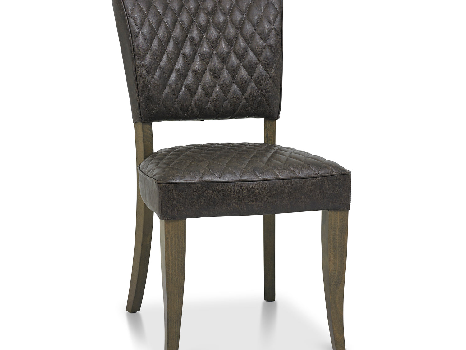 Angled and front Image of the Landon Fumed Oak Dining Chairs Saddle Faux Leather with dark oak frame styled with NCF's Dining Furniture.