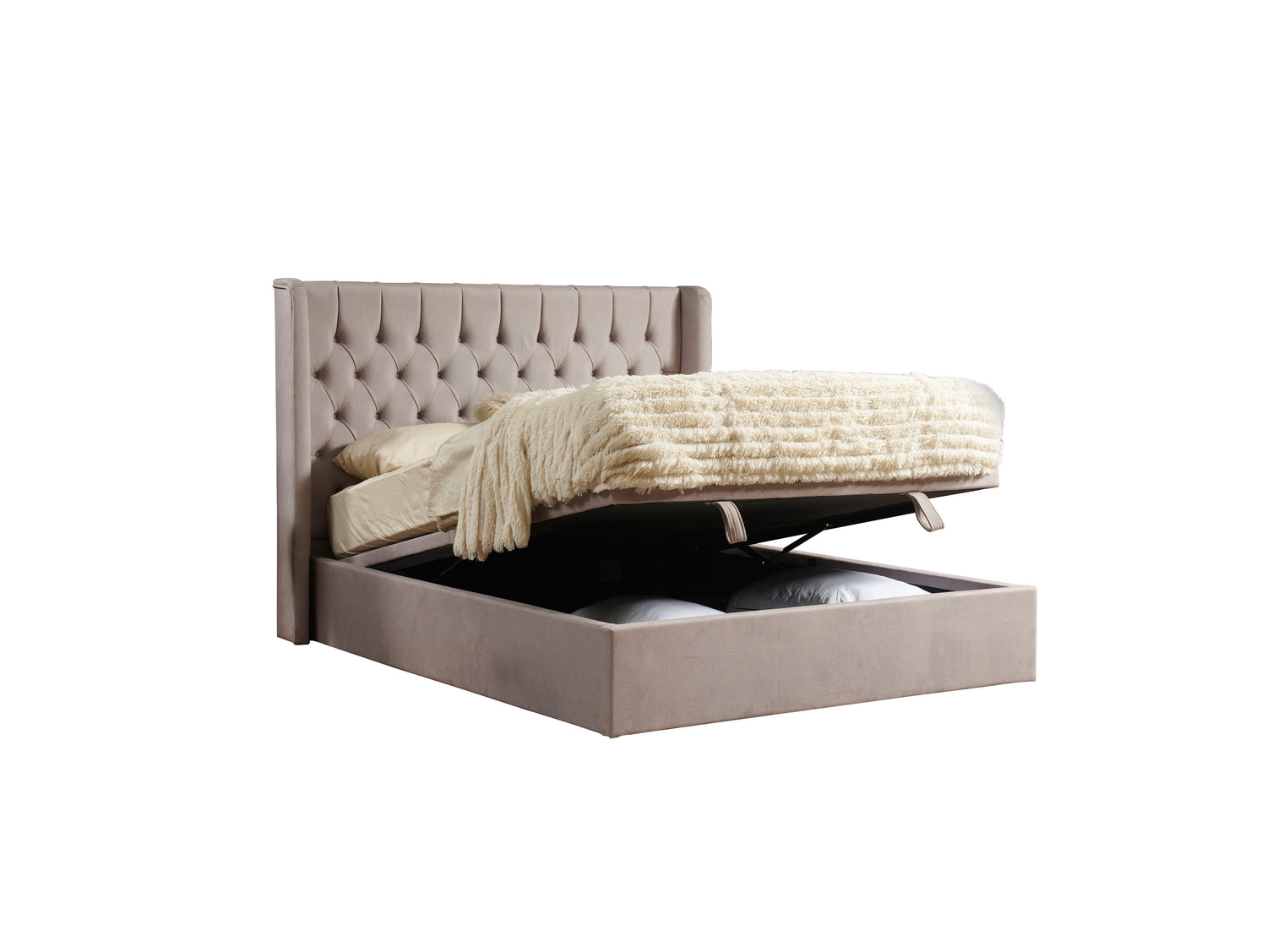 Angled view of the storage space of the Faro Ottoman Bed Frame against a white background