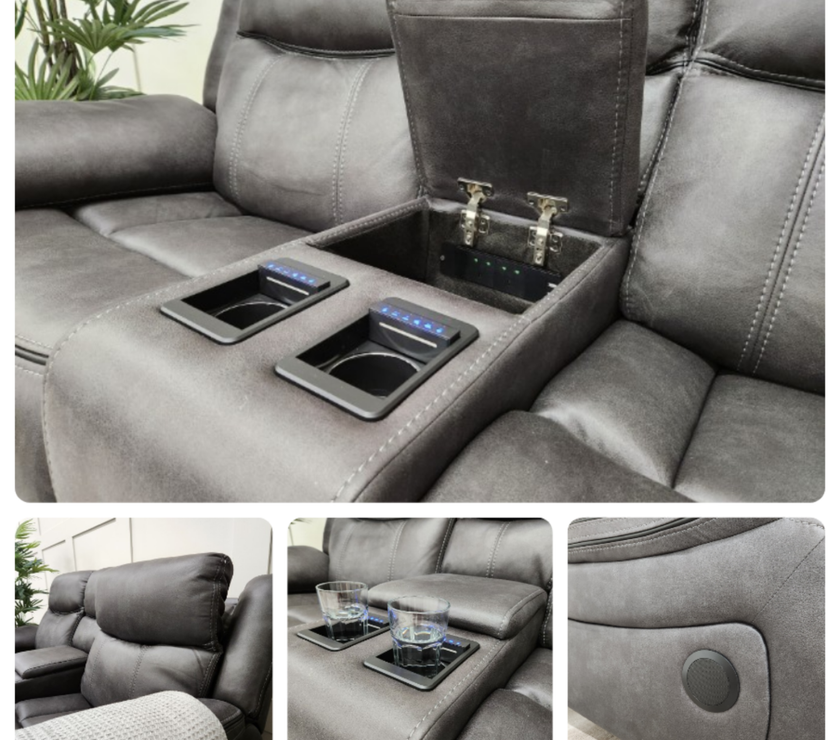 Lotus 2 seater recliner sofa with visible cup holders and built-in console, showcasing its modern design and convenient features.