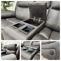 Lotus 2 seater recliner sofa with visible cup holders and built-in console, showcasing its modern design and convenient features.