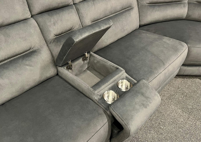 Grey recliner sofa with a built-in cup holder and storage compartment.