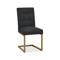 Front, angled and closer view of the Lindos Fabric Dining Chairs with black square-stitched upholstery and brass legs.
