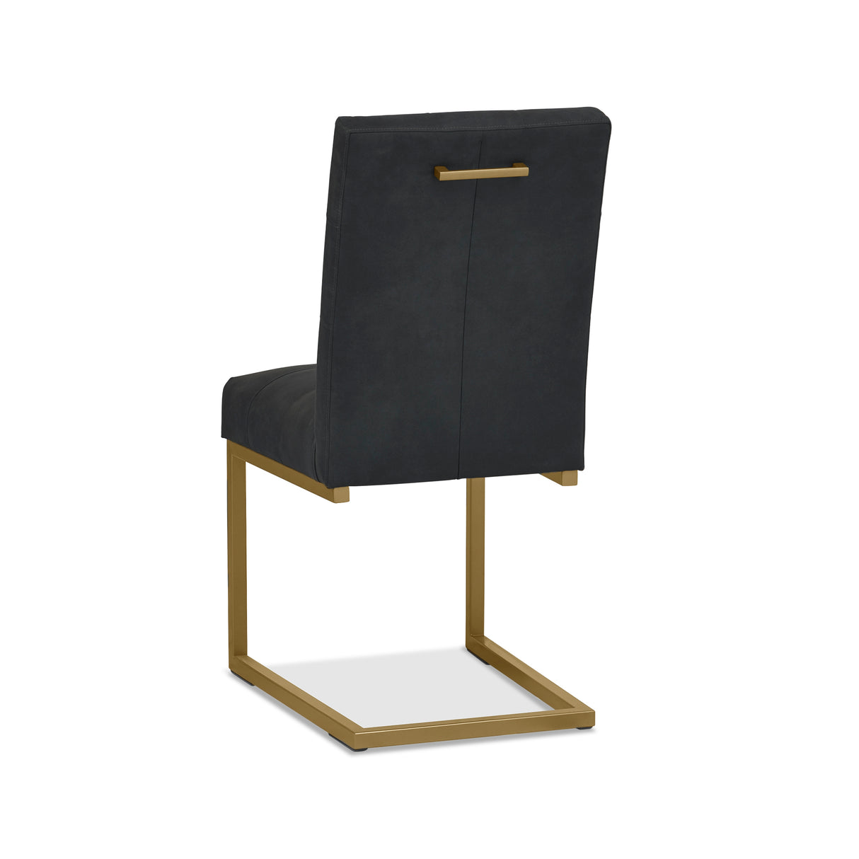 Angled and back image of the Lindos Fabric Dining Chairs with black square-stitched upholstery and brass legs.
