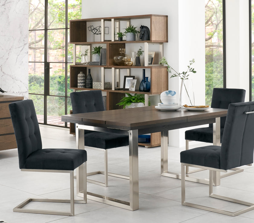 Image of the Toulouse Cantilever Faux Leather Dining Chairs with dark oiled oak, black oak accents, and satin nickel frame styled with NCF's Dining Furniture.