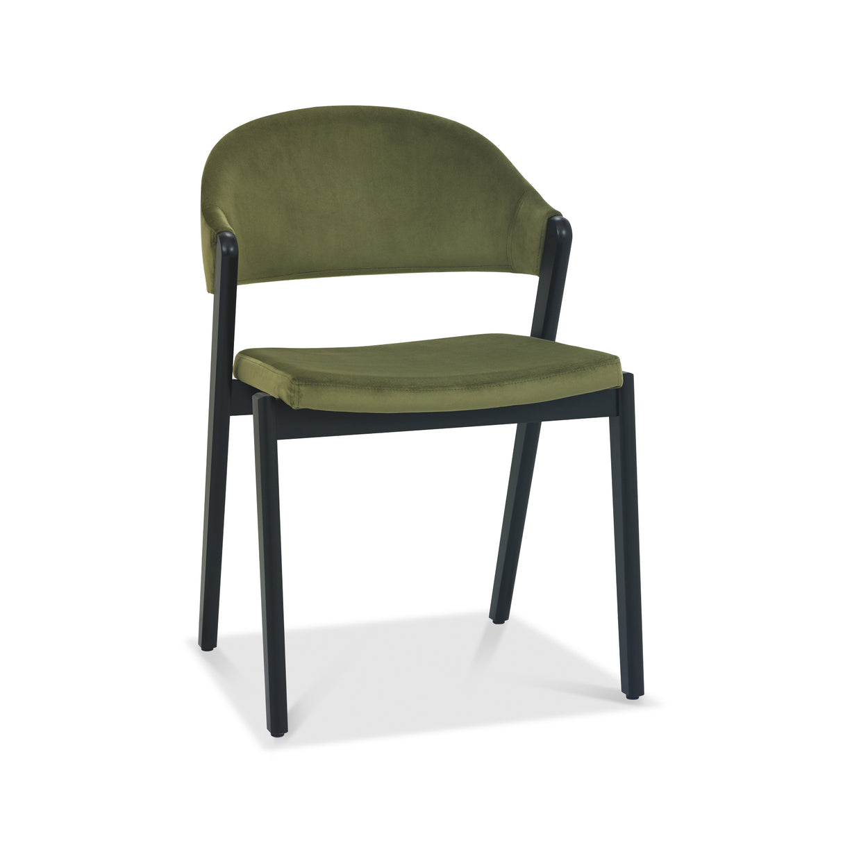Front and angled image of the Candice Velvet dining chairs with a curved back and dark oiled legs