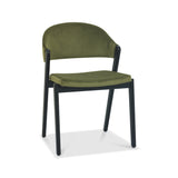 Front and angled image of the Candice Velvet dining chairs with a curved back and dark oiled legs