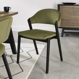 Candice Velvet dining chairs with a curved back and dark oiled legs