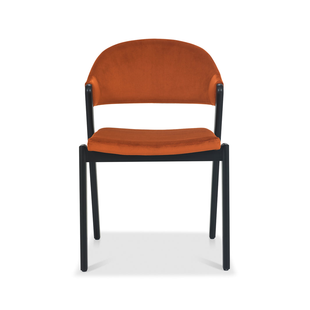 Front image of the Candice velvet dining chair with curved back and dark oiled legs