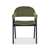 Front image of the Candice Velvet dining chairs with curved back, armrests, and dark legs.