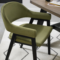 Up-close image of the Candice Velvet dining chairs with curved back, armrests, and dark legs.