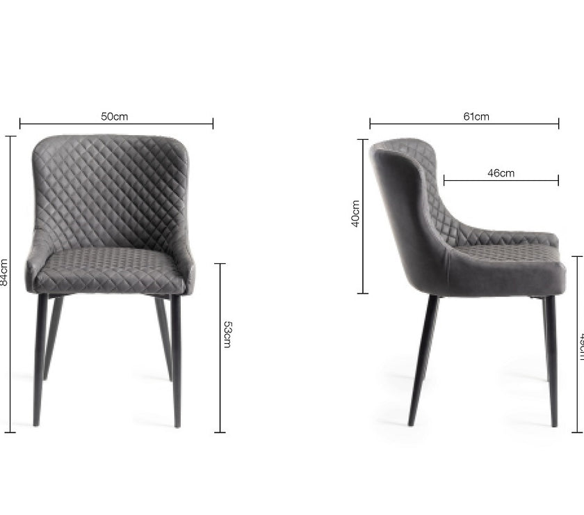 The dimensions of the Lozanne Faux Leather Dining Chairs with diamond stitching and metal legs.