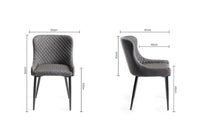 The dimensions of the Lozanne Faux Leather Dining Chairs with diamond stitching and metal legs.