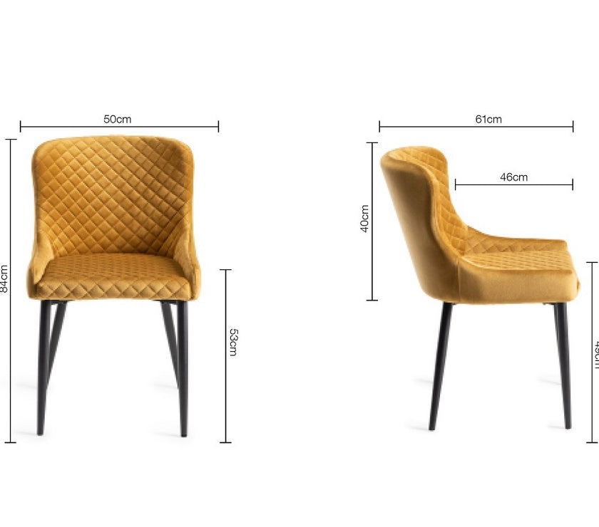 dimensions of our Lozanne Velvet Dining Chair in mustard with diamond stitching and black legs.