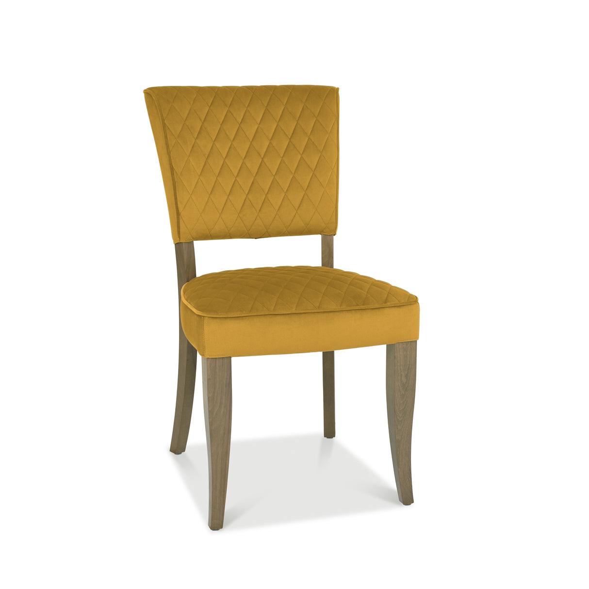 Front image of the Landon Fumed Oak Dining Chairs with dark oak frame and mustard velvet seat.