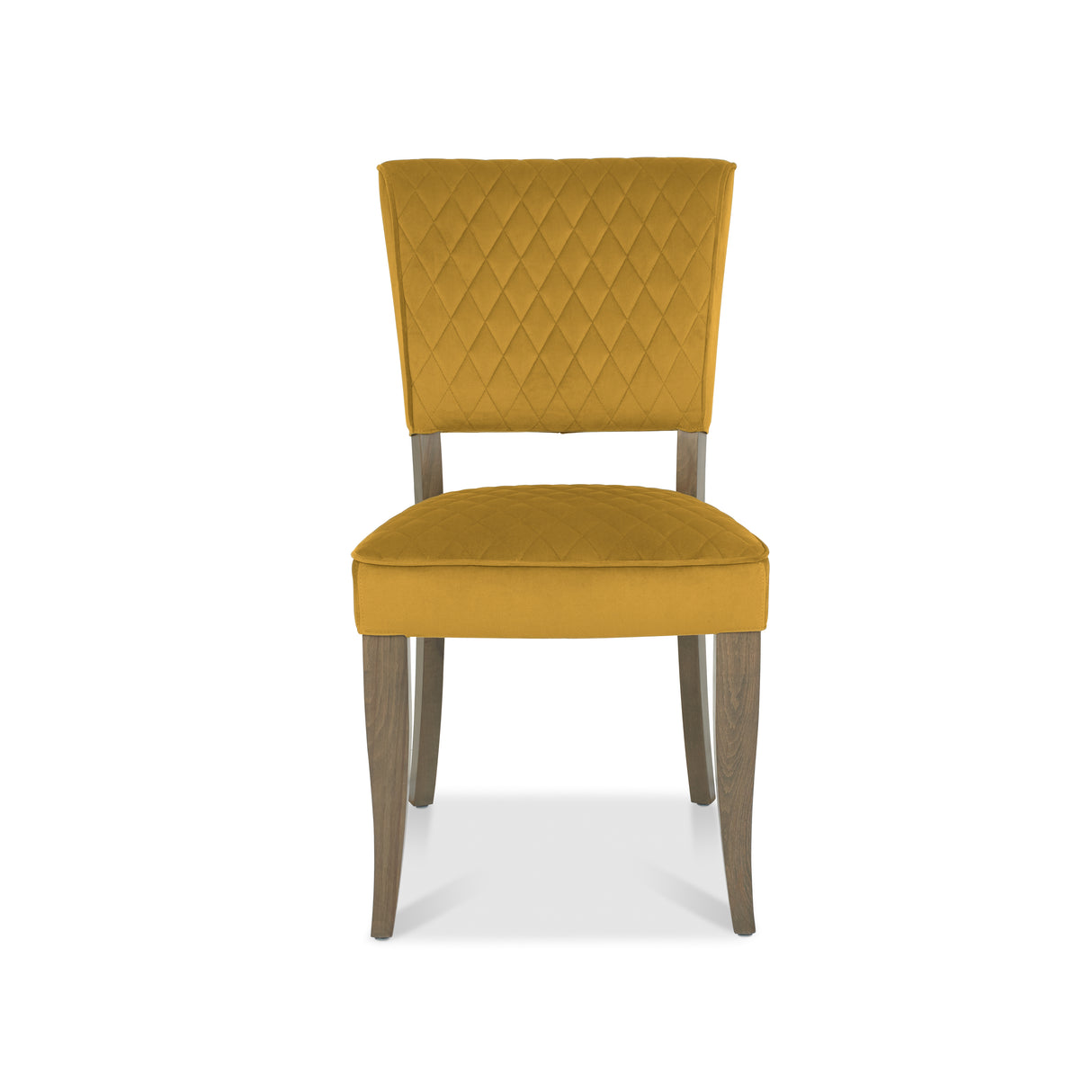 Front image of the Landon Fumed Oak Dining Chairs with dark oak frame and mustard velvet seat.