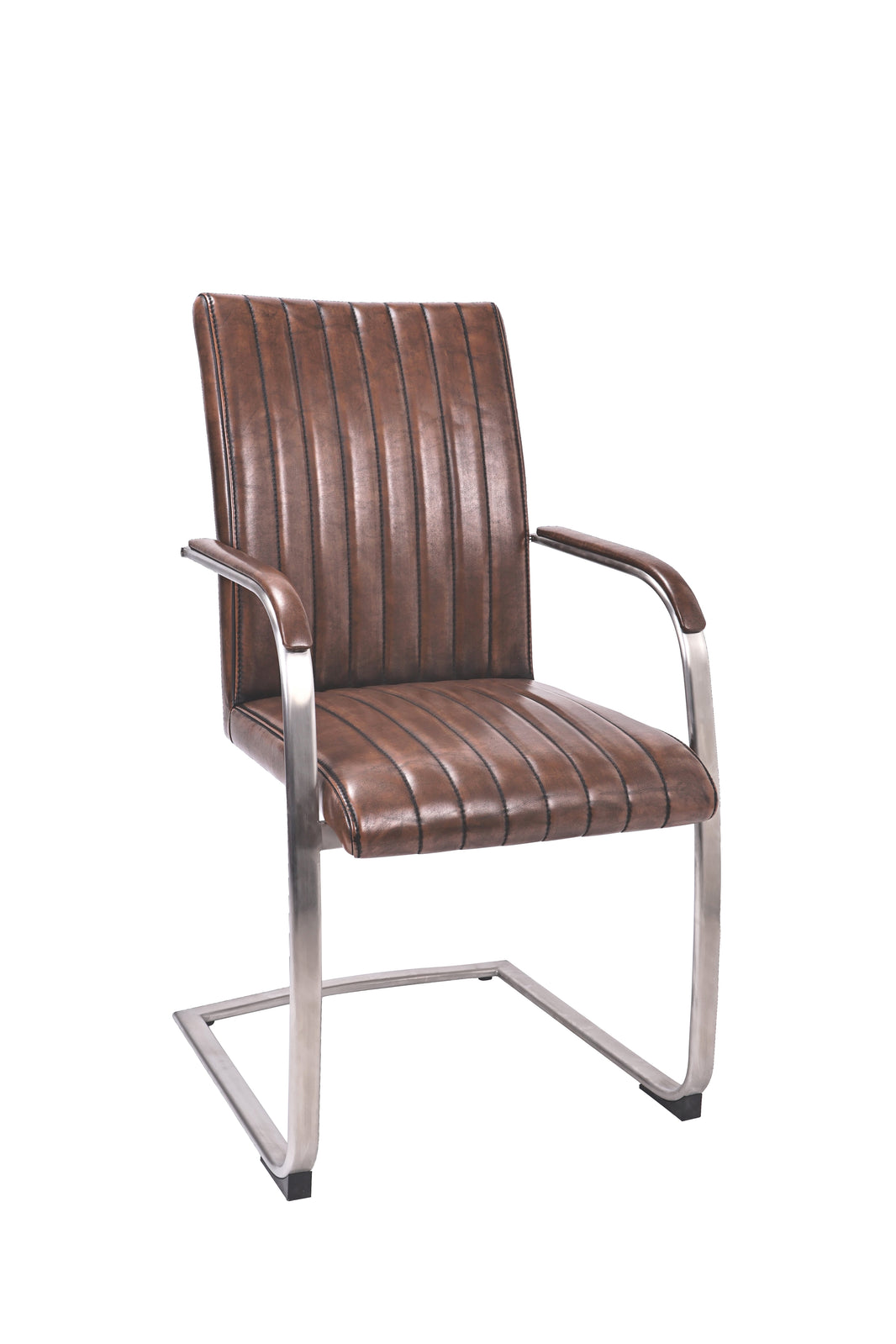 Angled view of the Triumph Cantilever Faux Leather Dining Chairs with armrests and steel legs.