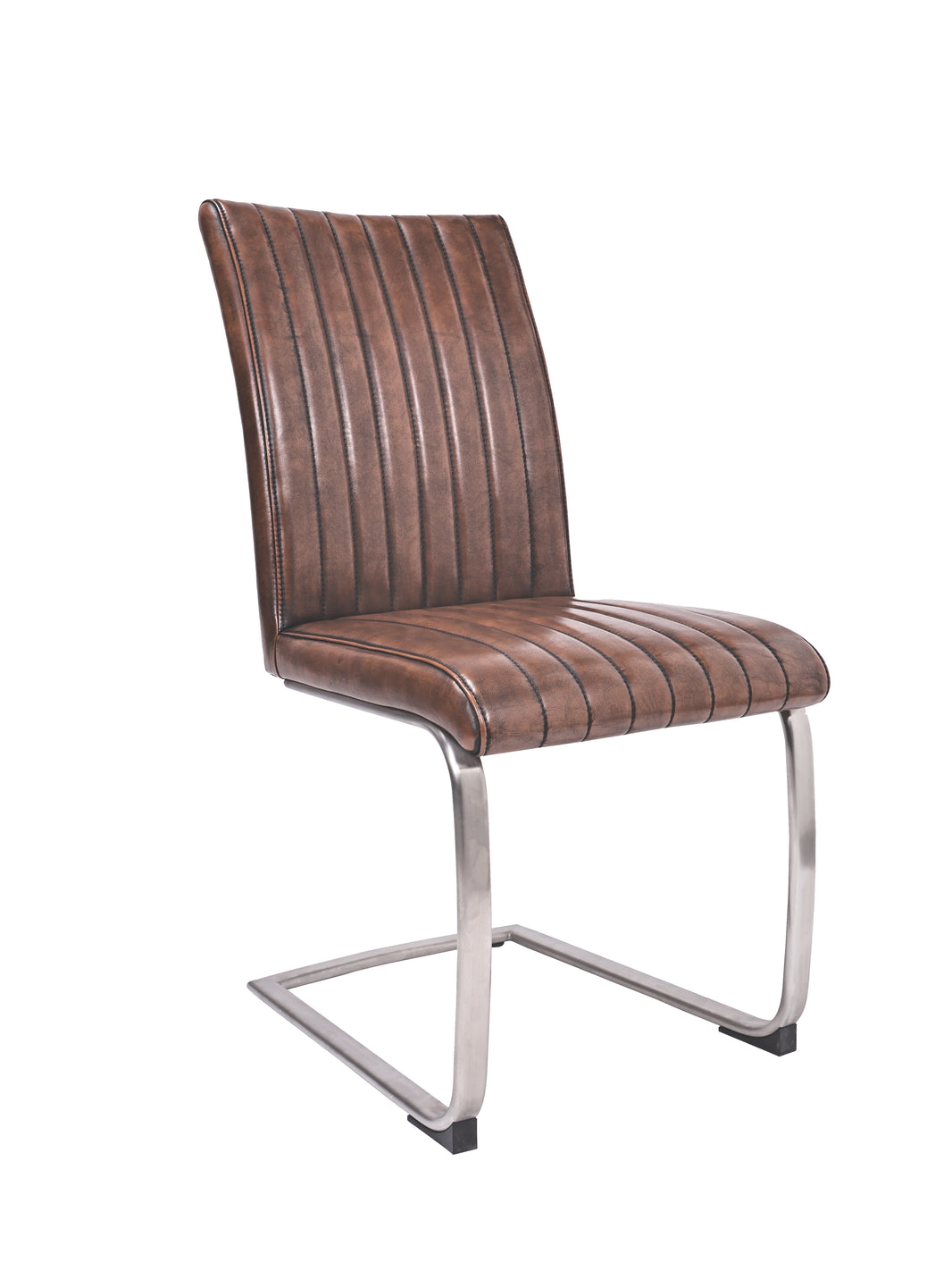 Angled view of the Vespa Cantilever Faux Leather Dining Chairs with curved back and steel legs.