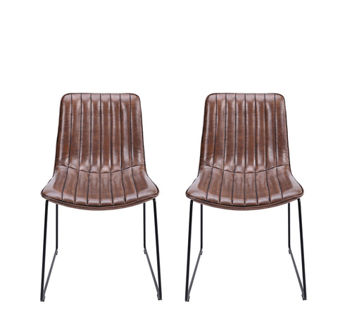 Front view of the Atlas Faux Leather Dining Chairs with curved back, tan upholstery, and black metal legs.