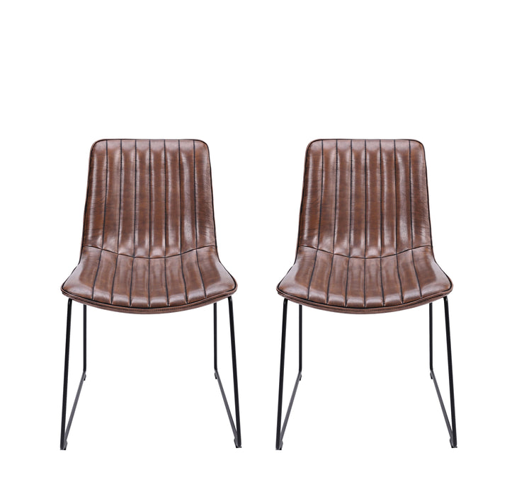 Front view of the Atlas Faux Leather Dining Chairs with curved back, tan upholstery, and black metal legs.