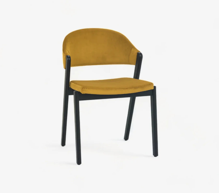 Front image of the Candice Velvet Dining Chair with curved back and dark legs.